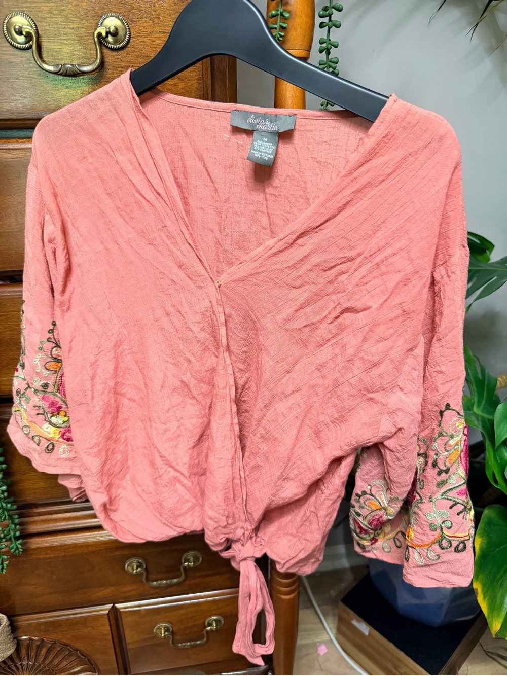 Olivia & Martin Coral Pink Tie-Front Peasant Blouse with Embroidered Sleeves